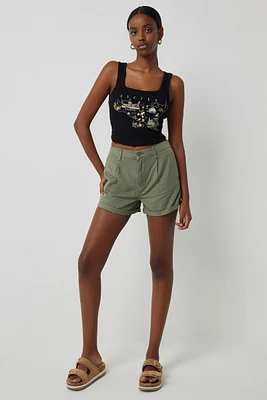 Ardene Rolled Cuff Pleated Shorts in Khaki | Size | 100% Cotton