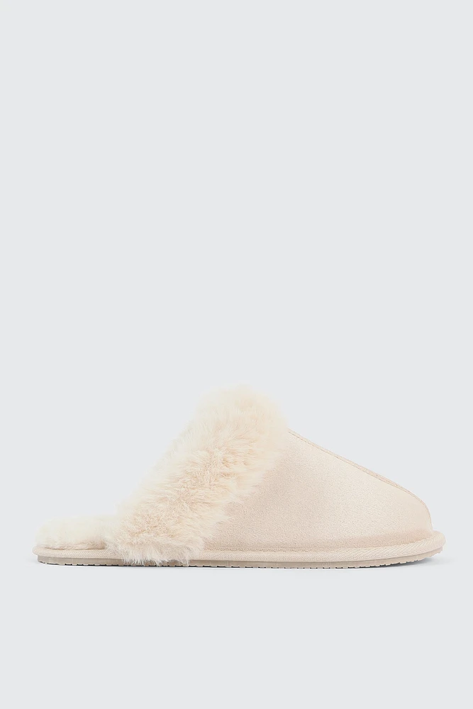 Ardene Mule Slippers with Fur Lining in Beige | Size | Polyester/Faux Suede | Eco-Conscious