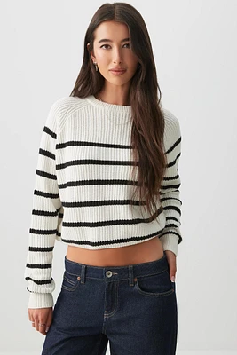 Ardene Striped Raglan Sweater in White | Size Small | Cotton