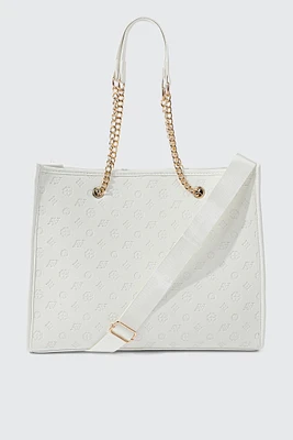 Ardene Monogram Tote Bag in White | 100% Recycled Polyester/Faux Leather | Eco-Conscious