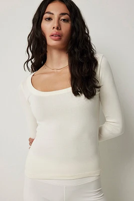 Ardene Crop Scoop Neck Long Sleeve Top in White | Size | Cotton/Elastane