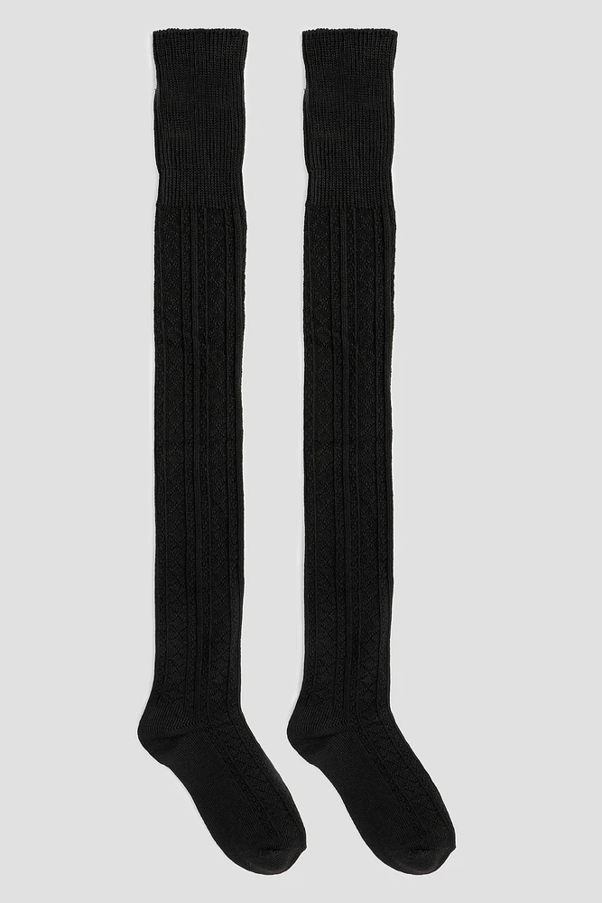 Ardene Cable Knit Over-the-Knee Socks in Black | Polyester/Spandex