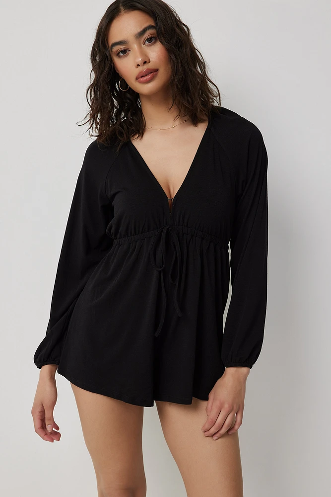 Ardene Plunge Neck Long Sleeve Romper in Black | Size | Polyester/Spandex