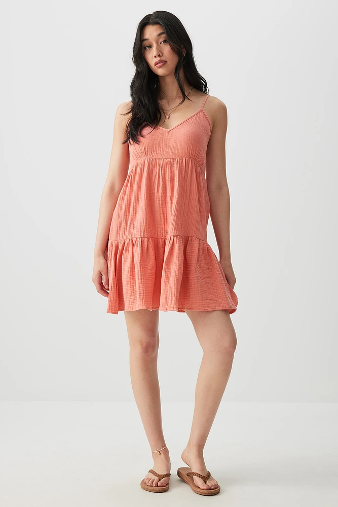 Ardene Crinkle Mini Tiered Dress in Medium Pink | Size | 100% Cotton