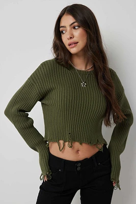 Ardene Ripped Sweater in Dark Green | Size | 100% Cotton