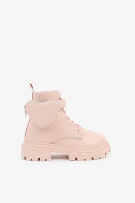 Ardene Combat Boots with Heart Pouches in Light Pink | Size | Faux Leather