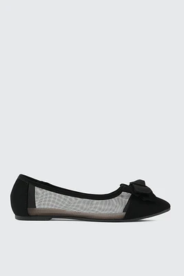 Ardene Mesh Flats with Bow in Black | Size | Faux Suede