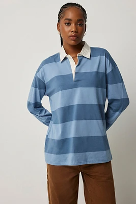 Ardene Striped Long Sleeve Polo in Medium Blue | Size | 100% Cotton