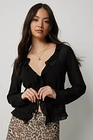 Ardene Tie Front Ruffle Chiffon Blouse in Black | Size Large | Polyester