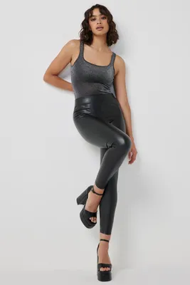 Ardene Black Faux Leather Leggings with Folded Waistband | Size | Faux Leather/Polyester/Elastane