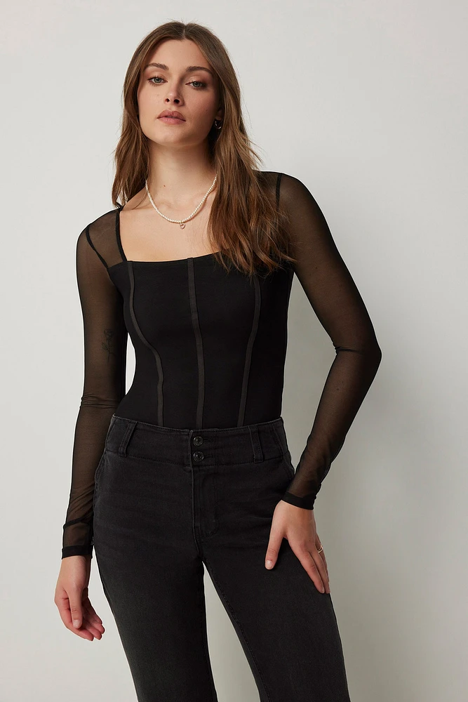 Ardene Bustier Bodysuit with Mesh Sleeves in Black | Size | Polyester/Nylon/Elastane