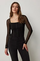 Ardene Bustier Bodysuit with Mesh Sleeves in Black | Size | Polyester/Nylon/Elastane