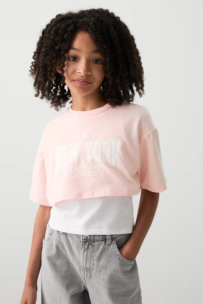 Ardene Kids Layered Graphic Boxy T-Shirt in Light Pink | Size | Cotton/Elastane