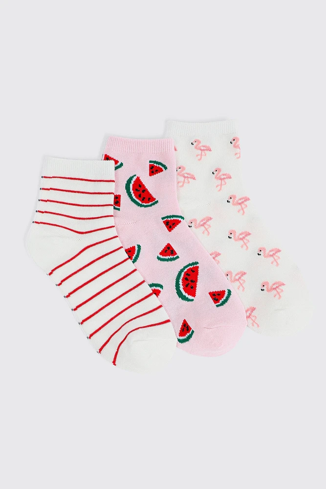 Ardene 3-Pack Flamingo & Watermelon Demi Crew Socks in Light Pink | Polyester/Spandex