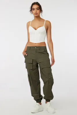 Ardene Cargo Parachute Pants with Zip Pockets in Dark Green | Size | 100% Cotton