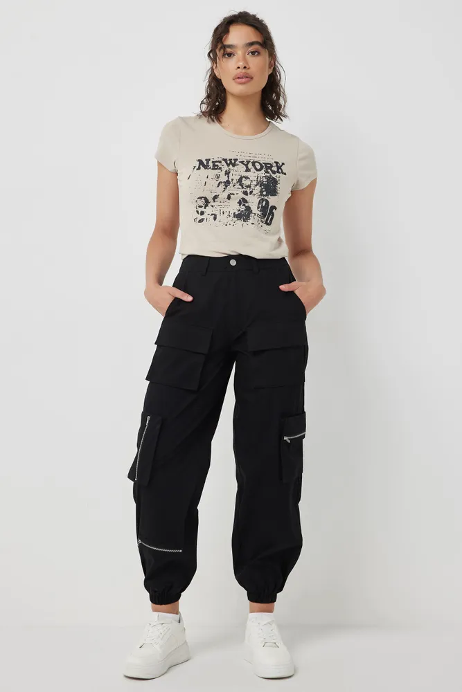 Ardene Cargo Pants with Zippers in Black, Size