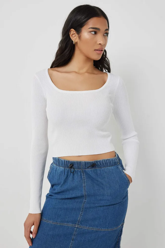 Ardene Fine Knit Square Neck Sweater in White | Size | Rayon/Nylon