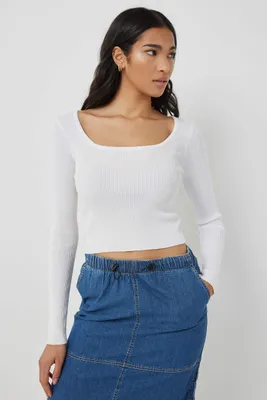 Ardene Fine Knit Square Neck Sweater in White | Size | Rayon/Nylon