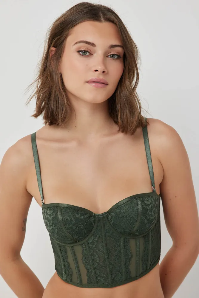 Ardene Mesh & Lace Bustier with Visible Boning in Dark Green, Size, Polyester/Nylon/Elastane, Microfiber
