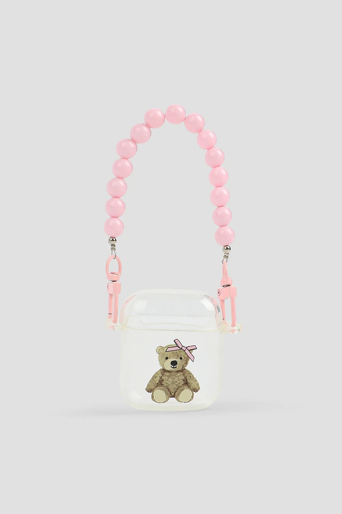 Ardene Teddy Bear Airpods case with Pearl Strap in Light Pink