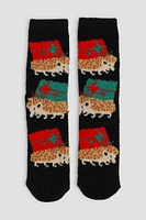 Ardene Holiday Hedgehog Cozy Socks in Black | Polyester/Spandex