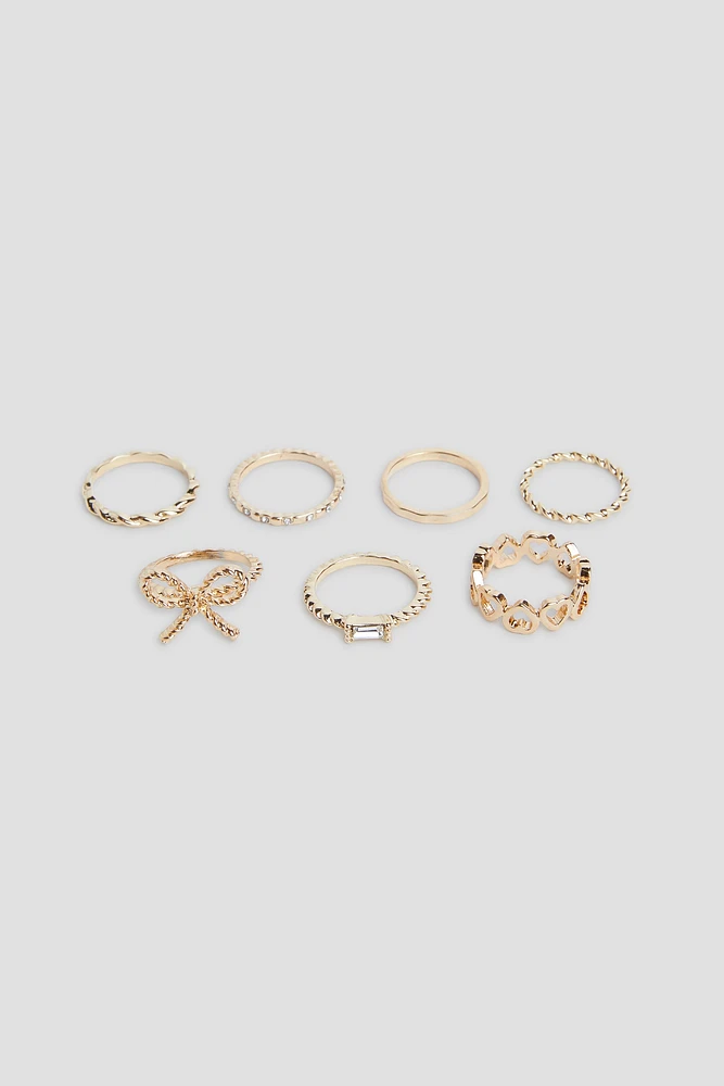 Ardene 7-Pack Bow & Heart Rings in Gold | Size