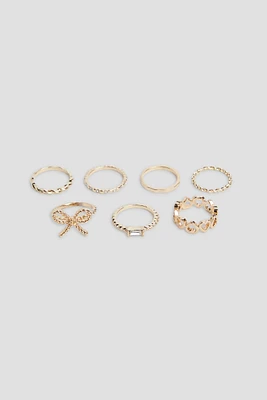 Ardene 7-Pack Bow & Heart Rings in Gold | Size