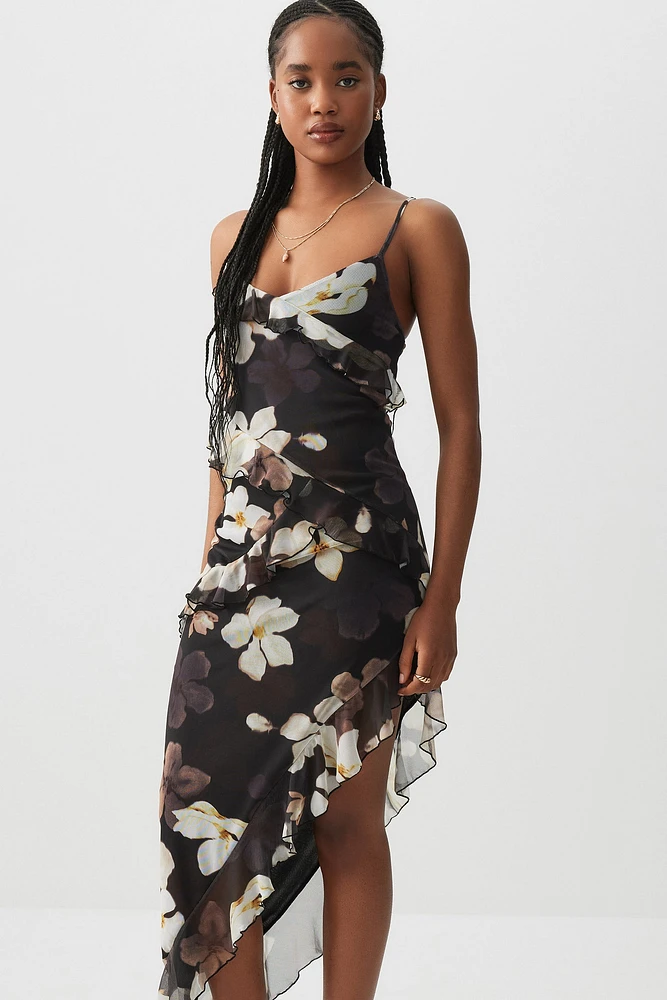 Ardene Asymmetric Ruffle Midi Dress in Brown | Size