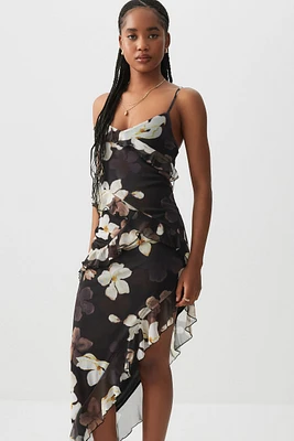 Ardene Asymmetric Ruffle Midi Dress in Brown | Size