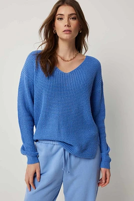 Ardene Shaker Stitch V-Neck Sweater in Medium Blue | Size | 100% Acrylic