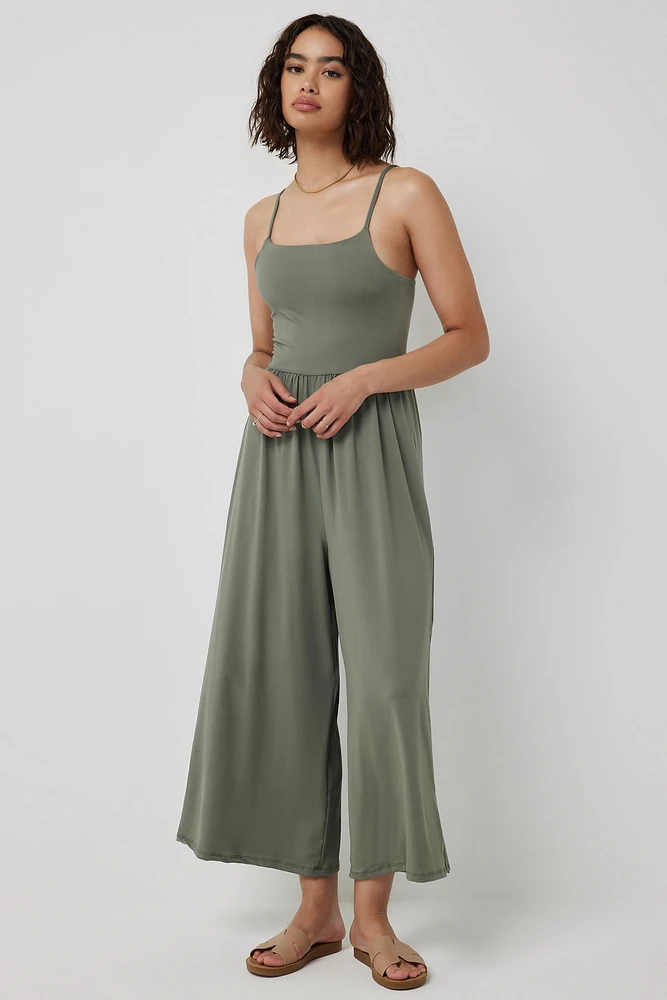 Ardene Super Soft Wide Leg Jumpsuit in Khaki | Size | Polyester/Elastane