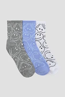 Ardene 3-Pack Wavy Smiley Face Demi Crew Socks | Polyester/Spandex