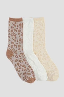 Ardene 3-Pack Leopard Crew Socks in Cognac | Polyester/Spandex