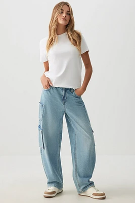 Ardene Mid Rise Baggy Cargo Jeans in Light Blue | Size | 100% Cotton
