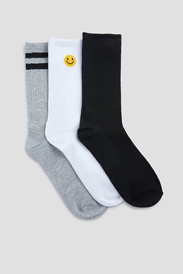 Ardene 3-Pack Smiley Embroidered Crew Socks in Light Grey | Polyester/Spandex