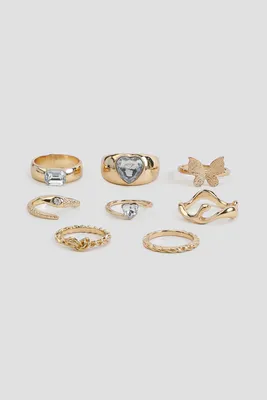 Ardene 8-Pack Butterfly & Stone Rings in Gold | Size