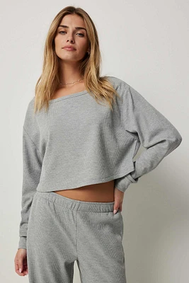 Ardene Cropped Waffle Knit Sweater in Grey | Size | Polyester/Spandex