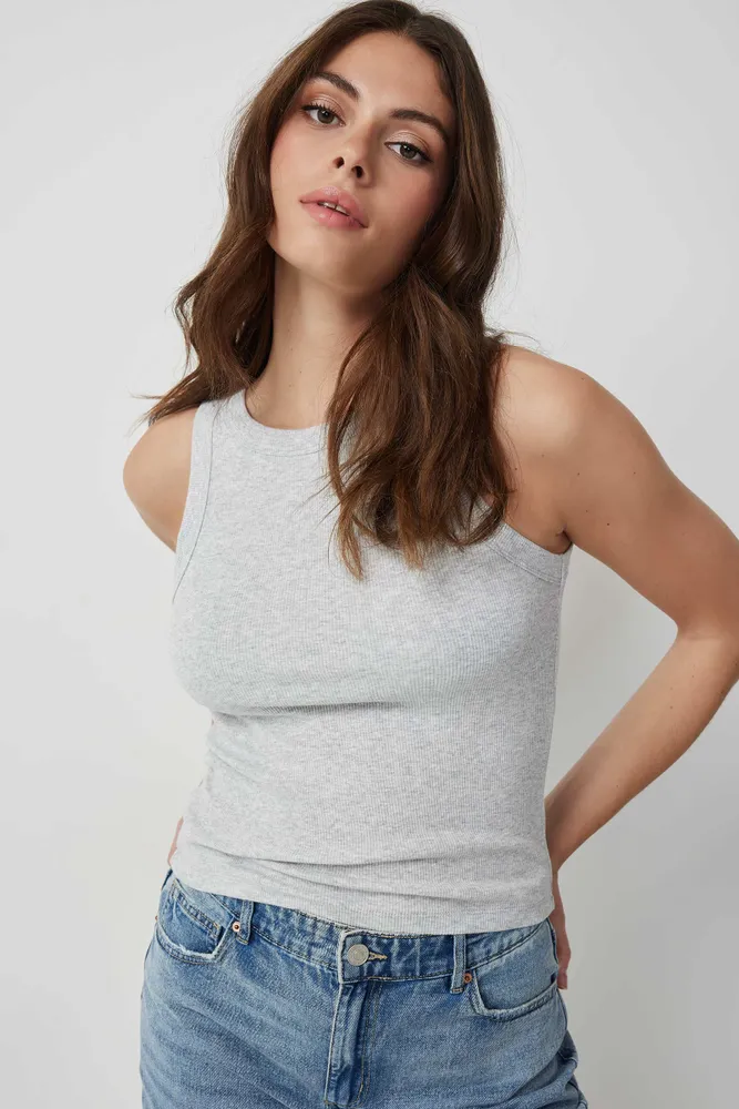 Ardene Basic Ribbed High Neck Tank in Light Grey | Size | Cotton/Elastane