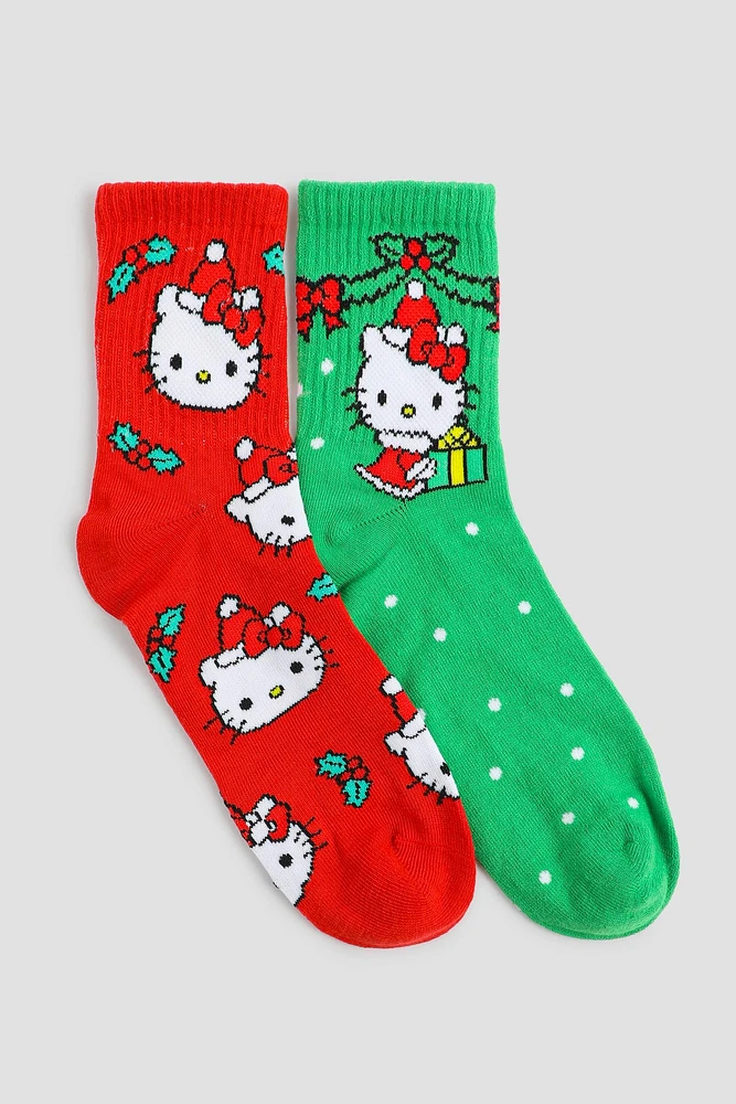 Ardene 2-Pack Hello Kitty Festive Crew Socks in Red | Polyester/Spandex/Rubber