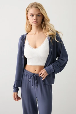 Ardene Lightweight French Terry Zip Up Hoodie in Dark Blue | Size | Rayon/Spandex