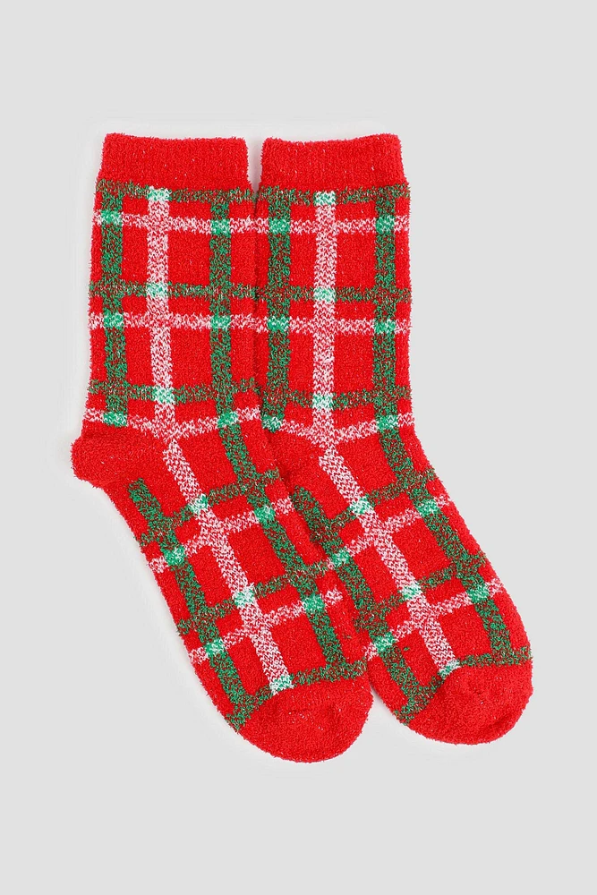 Ardene Plaid Cozy Socks in Red | Polyester/Spandex