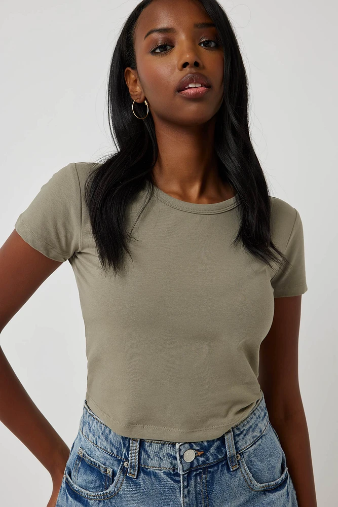 Ardene Basic Ultra Crop Crew Neck T-Shirt in Khaki | Size | Cotton/Elastane | Eco-Conscious