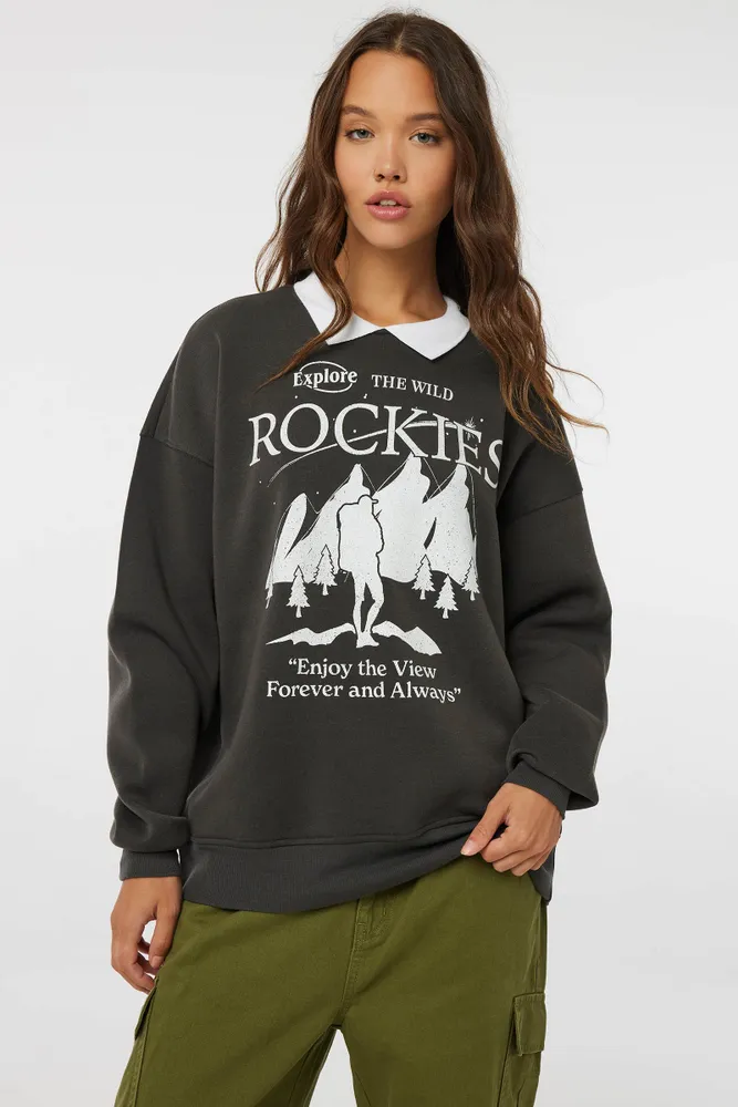 Ardene Graphic Hoodie in Light Grey, Size, Polyester/Cotton, Fleece-Lined