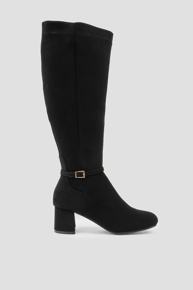 Ardene Flared Bloc Heel Tall Boots in Black | Size | Faux Leather/Faux Suede | Eco-Conscious