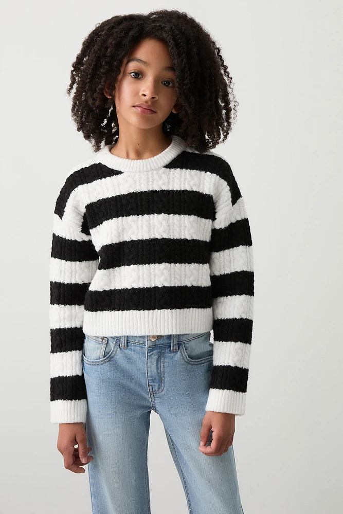 Ardene Kids Striped Cable Knit Sweater in Black | Size | Polyester/Elastane