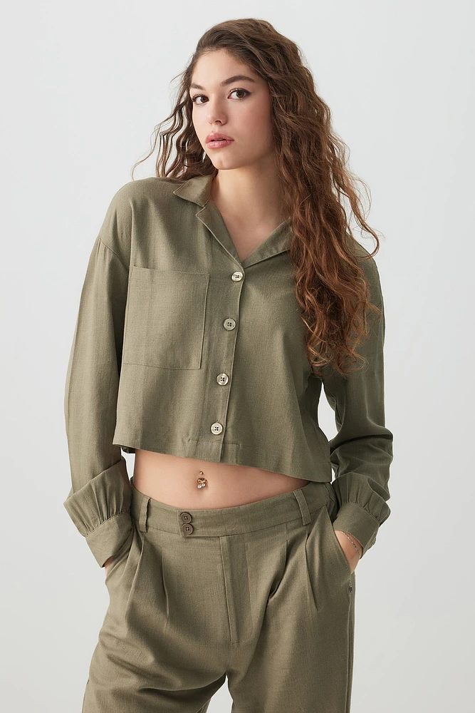 Ardene Crop Linen Blend Shirt in Khaki | Size | Viscose