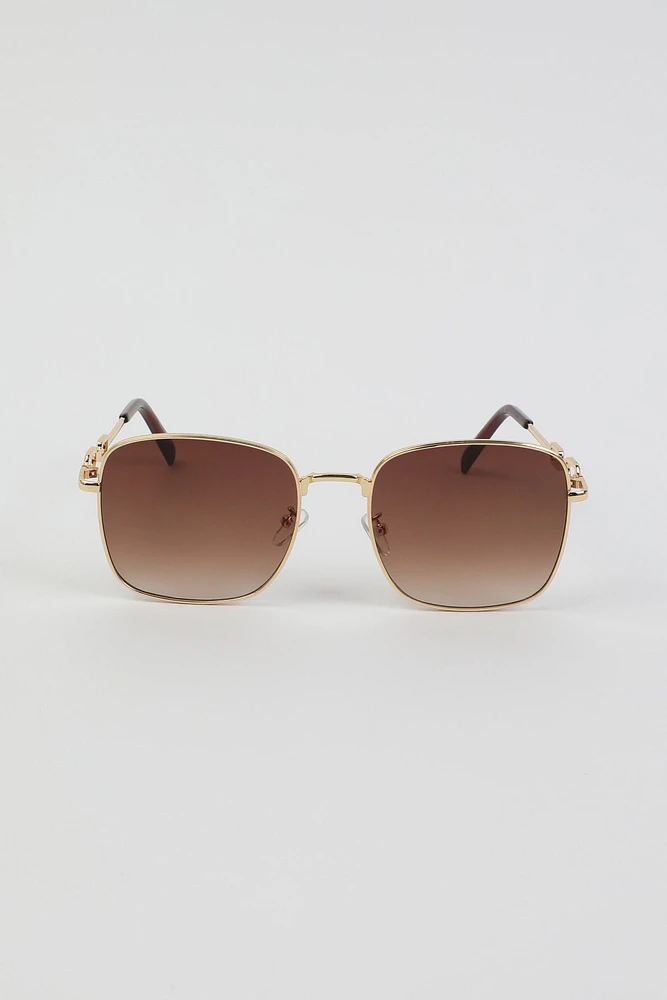 Ardene Metal Square Sunglasses with Chain Detail in Gold