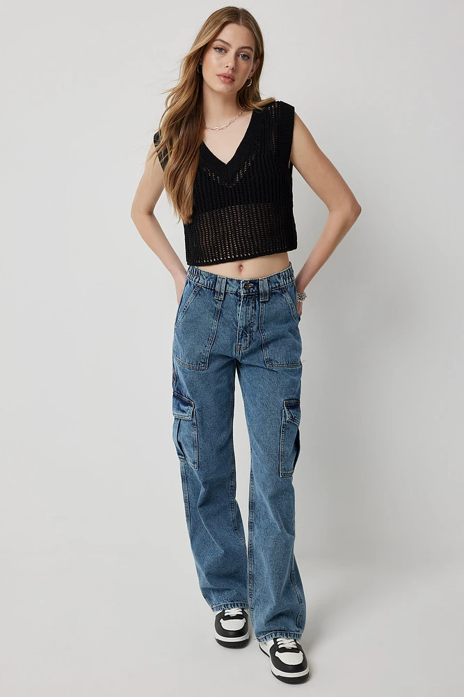 Ardene High Rise 90's Cargo Jeans in Dark | Size | 100% Cotton