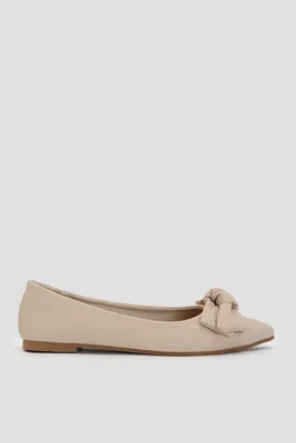 Ardene Pointy Flats with Bow Detail in Beige | Size | Faux Suede