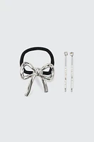 Ardene Bow Hair Tie & Pin Set in Silver